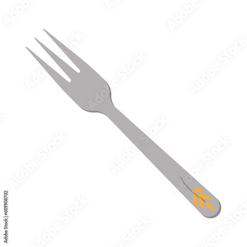 Dishes. Dessert fork with three prongs and a floral ornament on the handle.