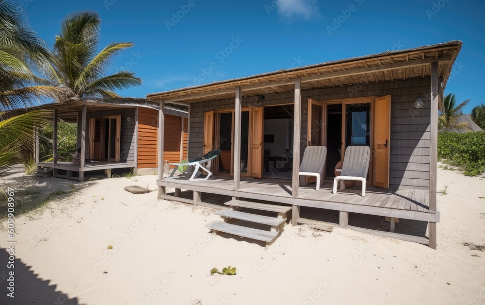 Fototapeta premium Beach hut on the beach with palm tree. Generative AI.