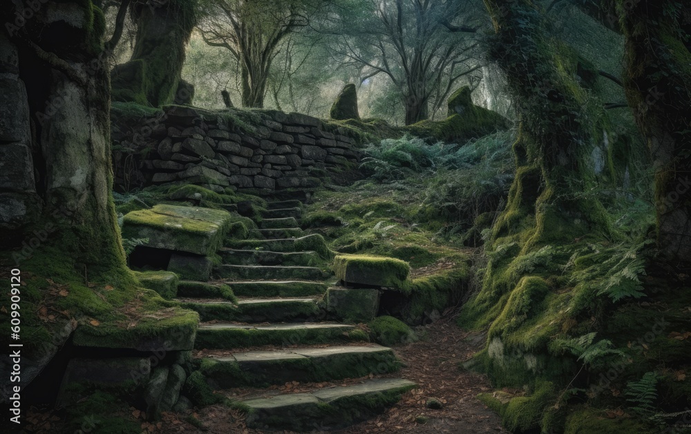 Stairs in the forest. Generative AI. Stairs in the forest. Generative AI.