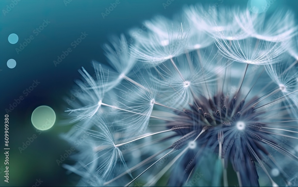 Fototapeta premium Dandelion seeds on blue with droplets. Generative AI. 