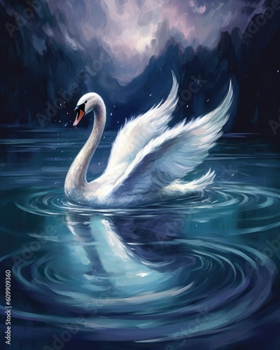 swan gracefully gliding across a moonlit lake. combination of deep blues, purples, and silver tones to evoke a sense of enchantment and magic photo