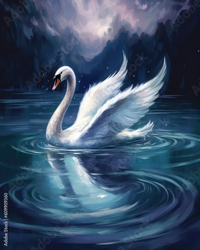 Fototapeta Naklejka Na Ścianę i Meble -  swan gracefully gliding across a moonlit lake. combination of deep blues, purples, and silver tones to evoke a sense of enchantment and magic