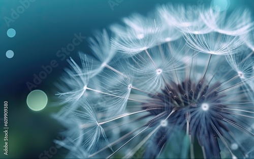Dandelion seeds on blue with droplets. Generative AI. 