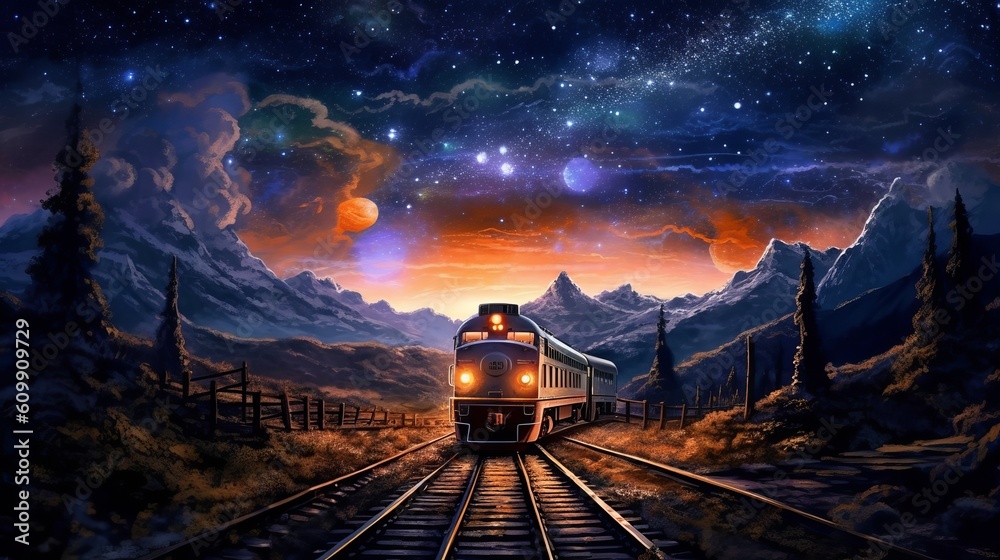 Naklejka premium Drawing Night Train Rides Drawing Night Train Rides Vibrant Colors Generative AI