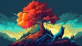 Drawing Wolf on the mountain looking at the sky Vibrant colors Generative AI
