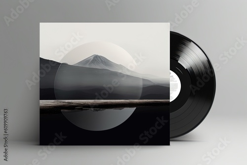 Vinyl record cover template, mockup, with a mountain landscape. Generative AI
