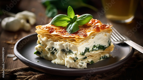 homemade lasagne with ricotta cheese and spinach on wooden table. Generative Ai