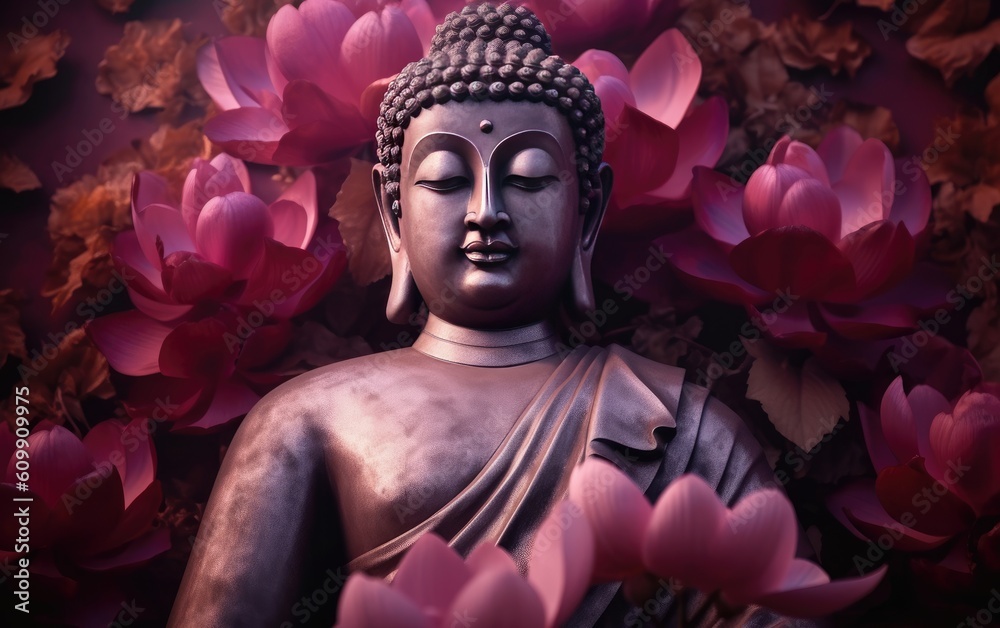 Buddha statue in the pink flowers garden.