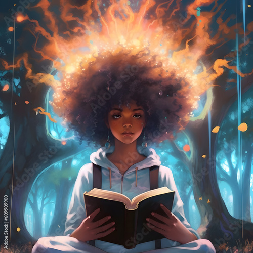  Afro Girl Immersed in a Book Under a Shady Tree Generative AI #1