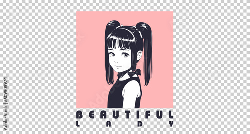 Vector lovely lady in a square. Beautiful young brunette girl with pigtails. Logo or sticker. Isolated background.