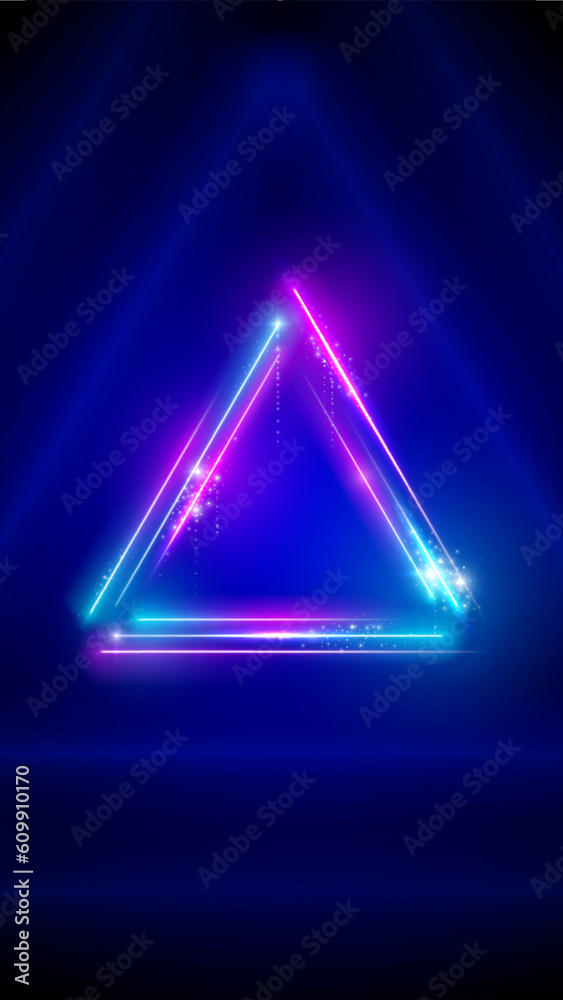 Neon, led triangle. Background, mobile phone wallpaper. Pink blue purple sparkling neon triangle, glowing led lines, triangular frame. HD, 4k backdrop, wallpaper. Vector illustration Neon, led triangle. Background, mobile phone wallpaper. Pink blue purple sparkling neon triangle, glowing led lines, triangular frame. HD, 4k backdrop, wallpaper. Vector illustration