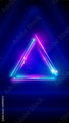 Neon, led triangle. Background, mobile phone wallpaper. Pink blue purple sparkling neon triangle, glowing led lines, triangular frame. HD, 4k backdrop, wallpaper. Vector illustration