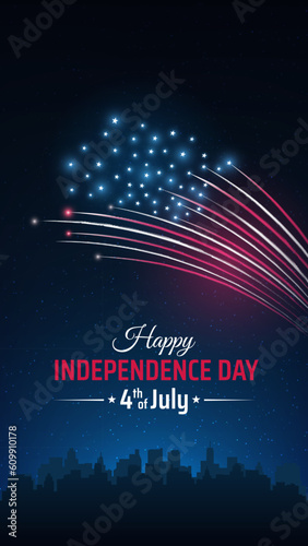 Banner 4th of july usa independence day. US flag fireworks over cityscape. Fourth of july, american national holiday. Poster with colorful fireworks on dark sky background. Vector illustration