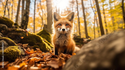 Cute Red Fox in fall forest. Beautiful animal in the nature habitat. Generative Ai