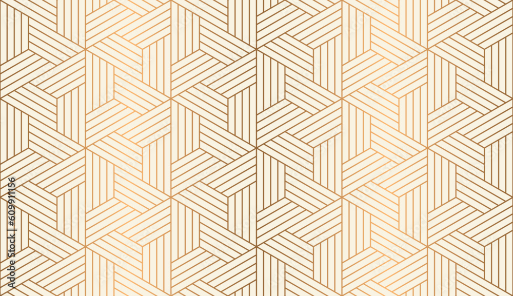 Luxury geometric seamless art deco pattern gold hexagon with striped line on beige background. Vector illustration.
