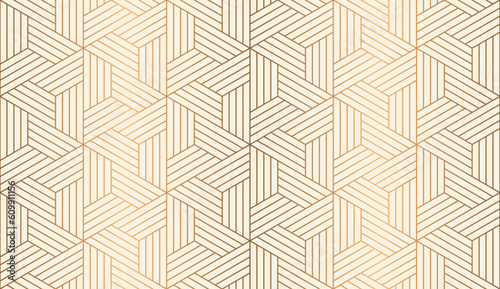 Luxury geometric seamless art deco pattern gold hexagon with striped line on beige background. Vector illustration.