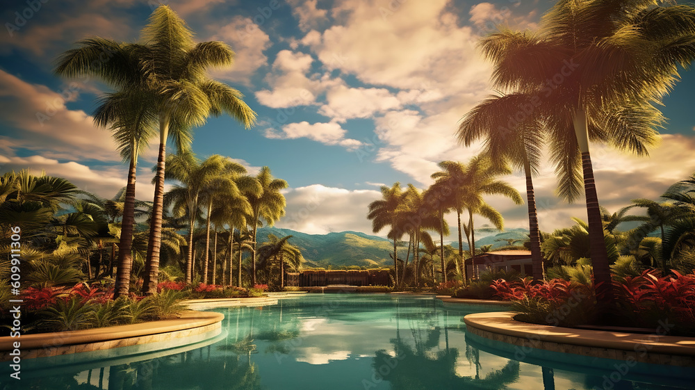 Obraz premium swimming pool surrounded with palms looking away while resting on tropical resort against cloudy sky. Generative Ai