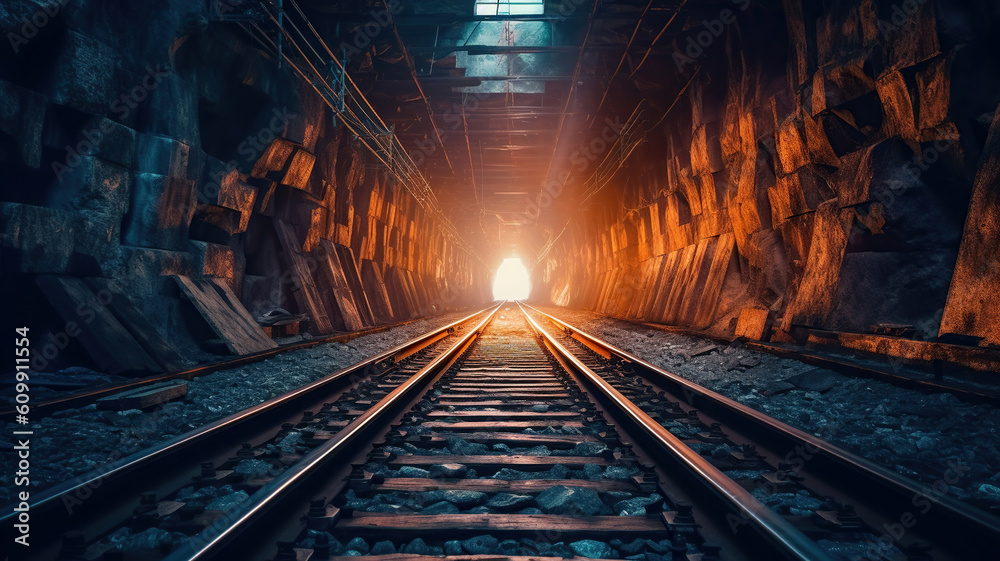 train track in a tunnel. Generative Ai