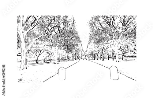 Building view with landmark of Providence is the capital city in U.S. state. Hand drawn sketch illustration in vector.