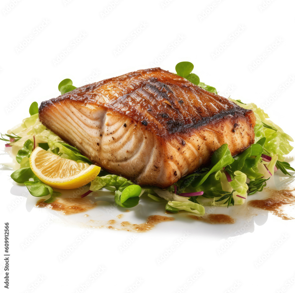 Delicious dish of mahi mahi fish isolated on white background Delicious dish of mahi mahi fish isolated on white background