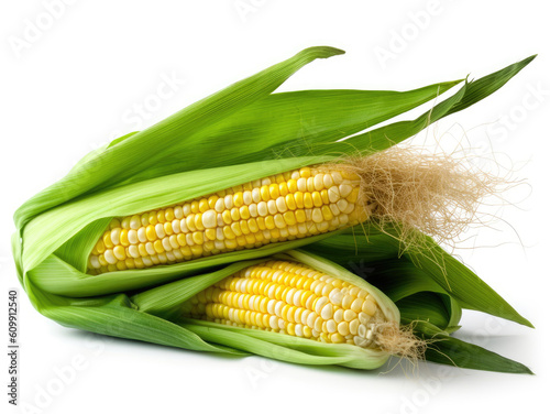 Cob of young corn with green leaves isolated on white background