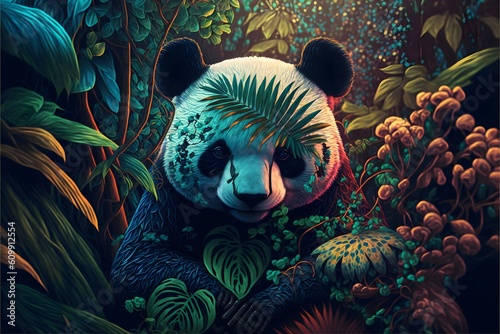 A cute panda in a colorful jungle