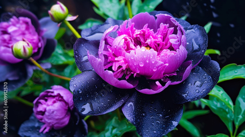 A close-up shot of beautiful blooming purple peonies with dark sepals and drops of water on them in natural light made with Generative AI