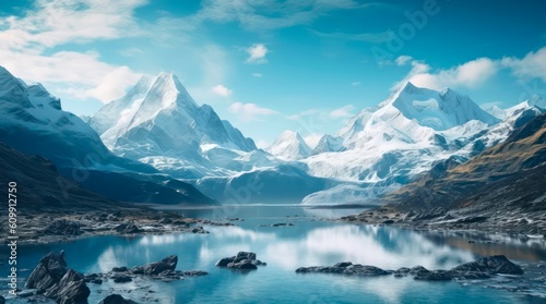 Incredible landscape of snowy mountains and clear blue lake. Generative AI.