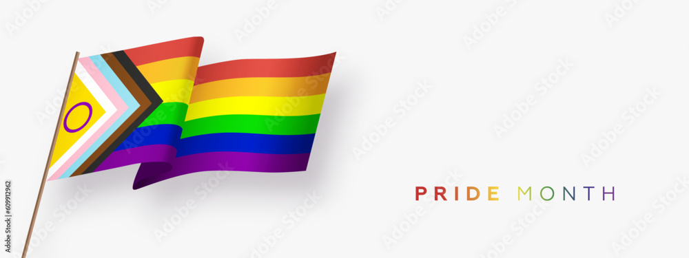 Horizontal banner or wallpaper with New Progress Pride Rainbow Flag. Symbol of LGBT community. New Updated Intersex Inclusive Progress Pride Flag. Vector illustration