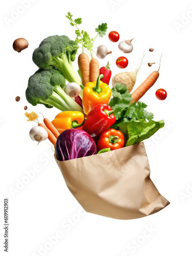 Assortment of vegetables flying into paper bag isolated on white background