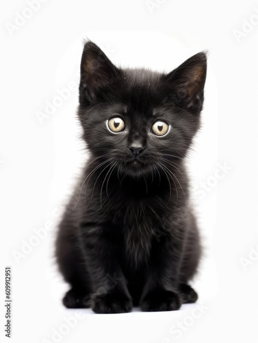 A black kitten isolated on a white background