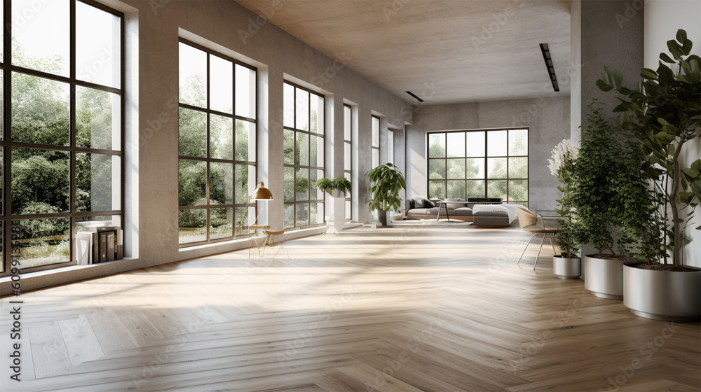 Fototapeta premium a roomy office and open space with two conference tables, wood walls, and a wooden desk, in the style of monochrome toning, photo-realistic landscapes, living materials, glazed surfaces, light silver 