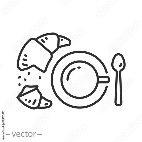 croissant with coffee icon, broken bun and cup, french breakfast concept, top view, thin line symbol - editable stroke vector illustration