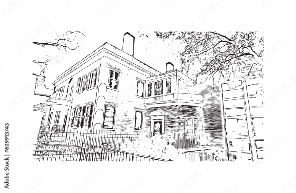 Obraz premium Building view with landmark of Providence is the capital city in U.S. state. Hand drawn sketch illustration in vector.