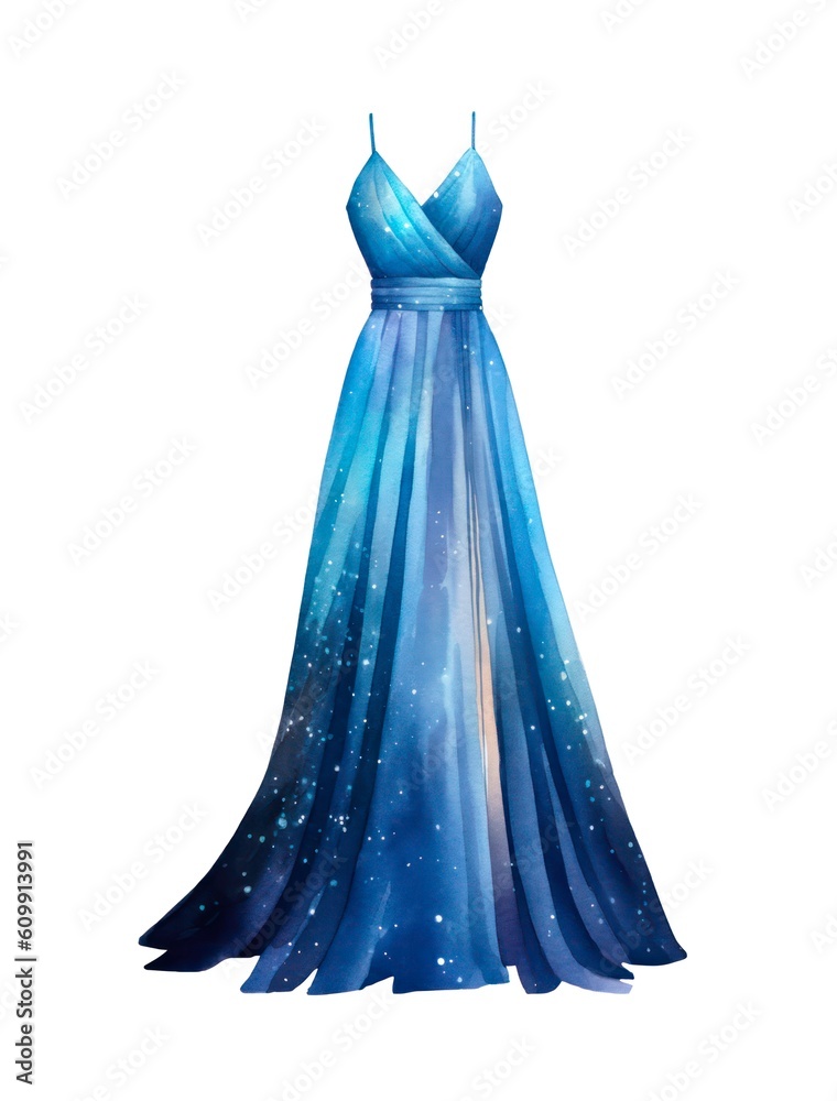 Watercolor illustration of a long glittering blue dress isolated on white background. Generative AI. Watercolor illustration of a long glittering blue dress isolated on white background. Generative AI.