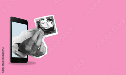 Art collage, hand holding cell phone condom on pink background with space for text.