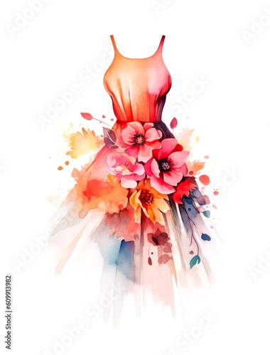 Watercolor illustration of a red dress with voluminous flowers on white background. Generative AI. photo
