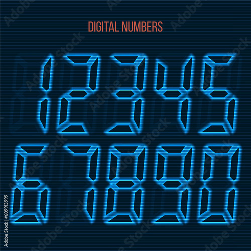 Electronic figures. LCD numbers for a electronic devices. Digital glowing numbers. Vector illustration.