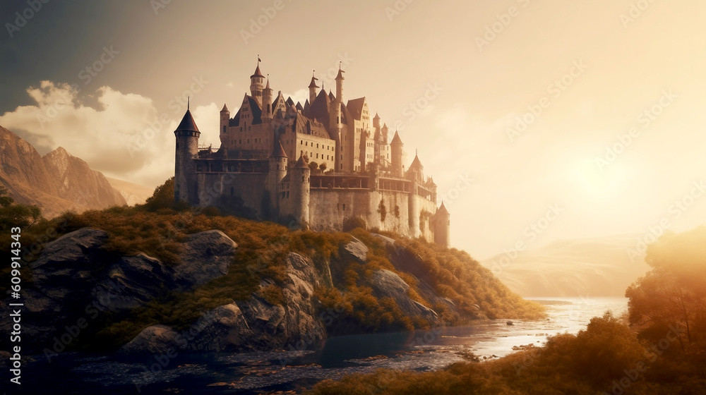 Fantasy european style medieval castle in the mountains, scenic view, ai generated