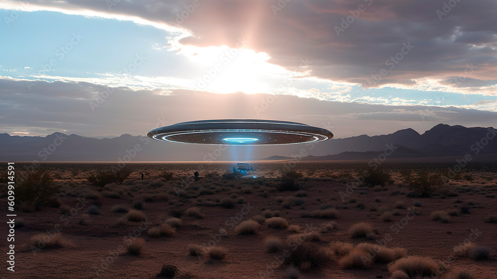 Landscape with UFOs in the sky, ai generated Landscape with UFOs in the sky, ai generated