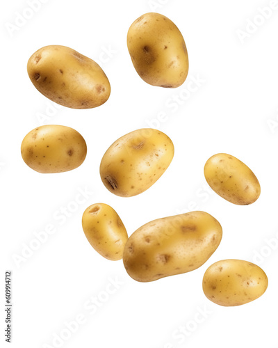 Falling fresh potatoes isolated on transparent or white background, png