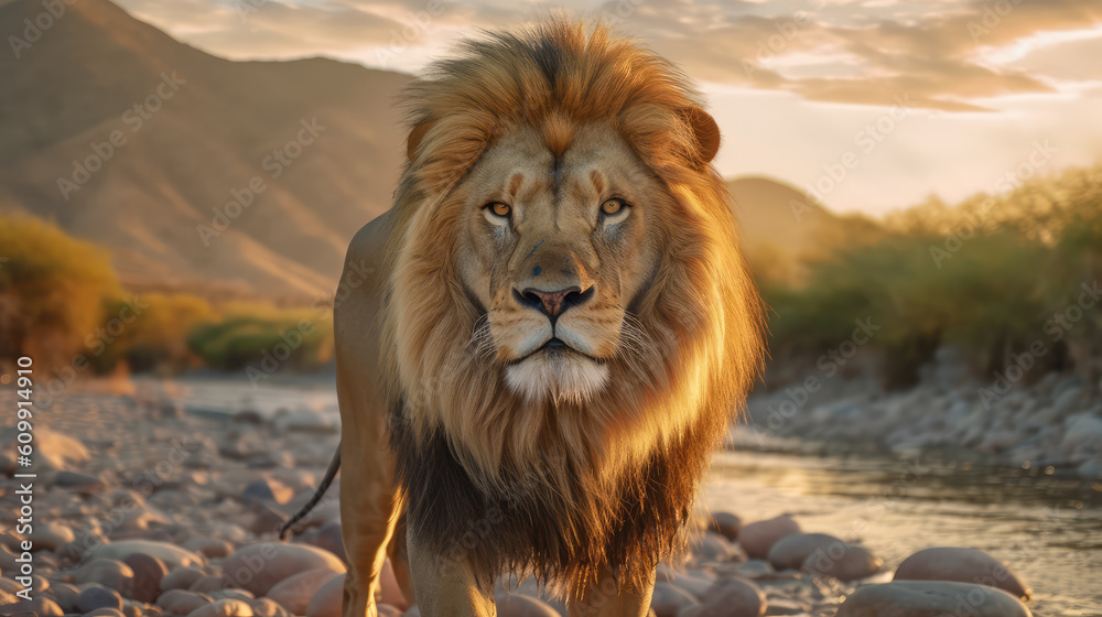 Fototapeta premium Generative ai illustration of a African male Lion with mountain and river