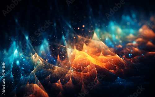 Visualization of orange and blue wave particle. Generative AI technology.