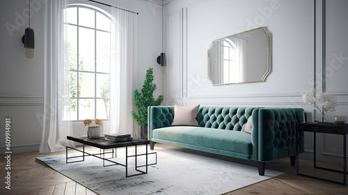 Living room interior with green sofa © John_Doo78