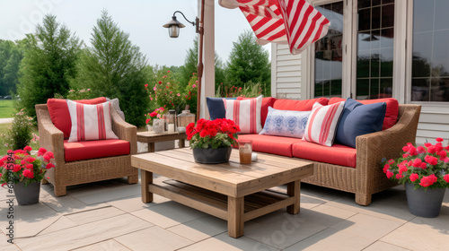 American Memorial Day patio with red flowers, flag and patio furniture with cushions