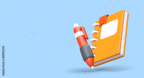 3d realistic pen and notebook with red bookmark. Advertising poster for stationery store. Back to school concept. Colorful vector illustration in cartoon style with blue background