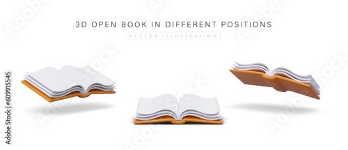 3D open book in different positions on white background. Set of book icons, side, top, bottom view. Educational literature. Tome with blank pages. Vector image in cartoon style