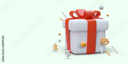 Isometric gift box tied with ribbon with bow. Pleasant surprise sprinkled with confetti. Poster with cute holiday illustration. Template for holiday promotions, greetings, invitations