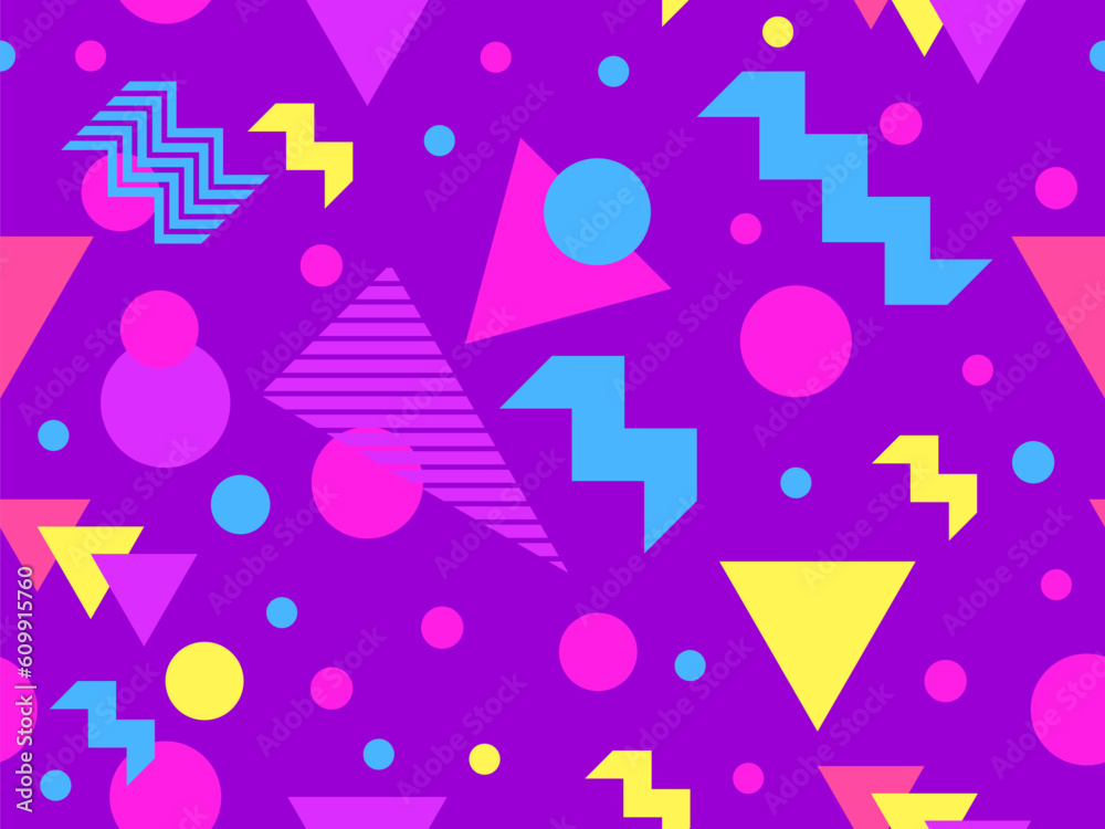 Memphis seamless pattern with geometric shapes in 80s style. Multicolored geometric shapes. Design of promotional products, wrapping paper, covers and printing. Vector illustration