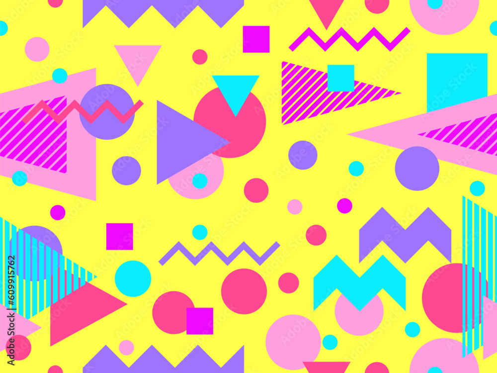 Memphis seamless pattern with geometric shapes in 80s style. Multicolored geometric shapes. Design of promotional products, wrapping paper, covers and printing. Vector illustration